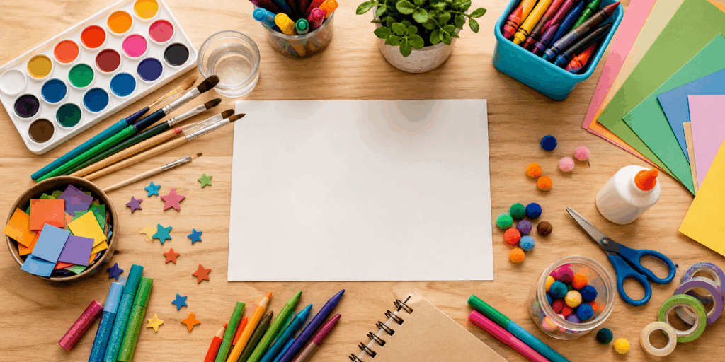 Colorful kids art supplies on table